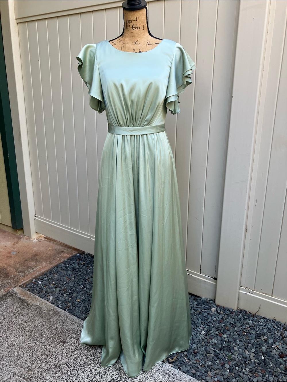 Azazie Daphne sage bridesmaid modest  satin flutter sleeve small/medium
 ruched